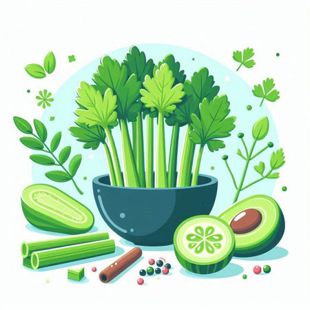 Cucumber, parsley, celery, parsley in a bowl. Vector illustration.のイラスト素材