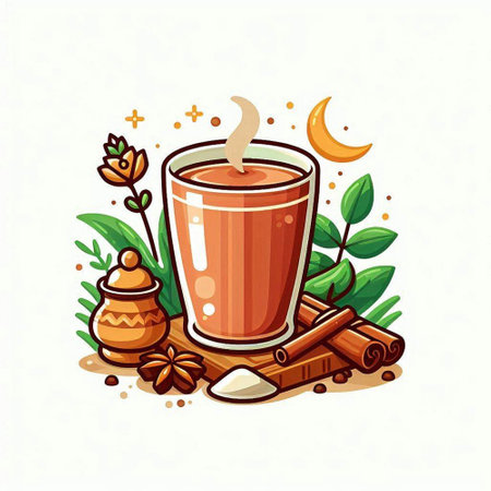 Cup of tea with cinnamon, star anise and leaves. Vector illustration.のイラスト素材