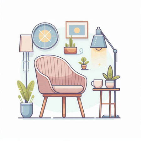 Living room interior with armchair, coffee table, lamp and potted plants. Flat vector illustration.のイラスト素材