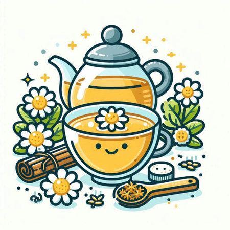 Cup of herbal tea with chamomile and cinnamon. Vector illustration.のイラスト素材
