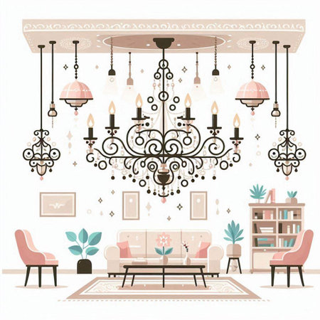 Luxury living room interior with furniture and accessories. Vector illustration.のイラスト素材