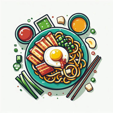 Noodle with fried egg and vegetables. Japanese food. Vector illustration.のイラスト素材
