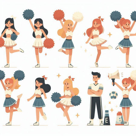 Cheerleaders with pompoms and megaphone set. Vector illustration in cartoon style.のイラスト素材