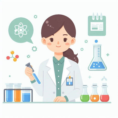 Young female scientist in a laboratory. Education concept. Vector illustration.のイラスト素材