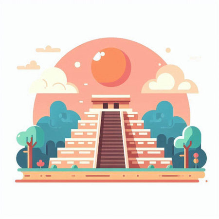 Ancient Mayan pyramid in the park. Vector illustration in flat styleのイラスト素材