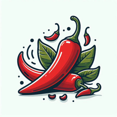 Red hot chili pepper with leaves. Vector illustration isolated on white background.のイラスト素材
