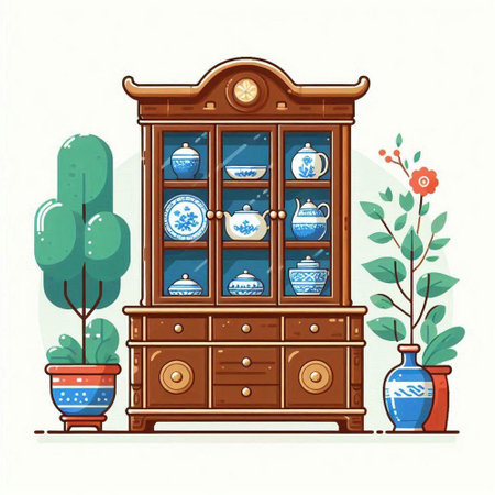 Illustration of a wooden cupboard with vases and dishes.のイラスト素材