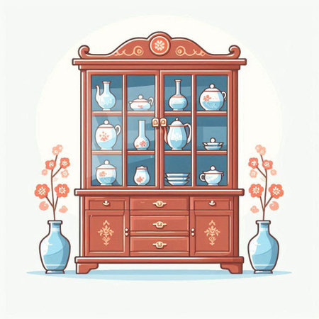 Vintage cupboard with antique vases. Vector illustration in flat styleのイラスト素材