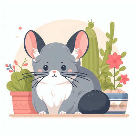 Cute gray chinchilla with flowers in pots. Vector illustration.のイラスト素材