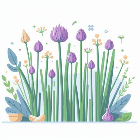 Vector illustration of blooming chives in a pot and flowers.のイラスト素材