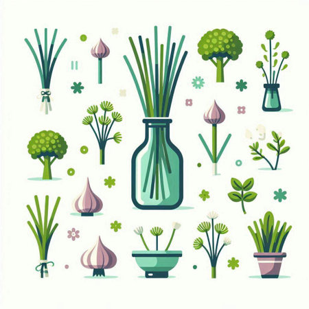Flat vector illustration of different herbs and flowers in a vaseのイラスト素材