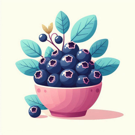 Bowl with ripe blueberries. Vector illustration in cartoon style.のイラスト素材
