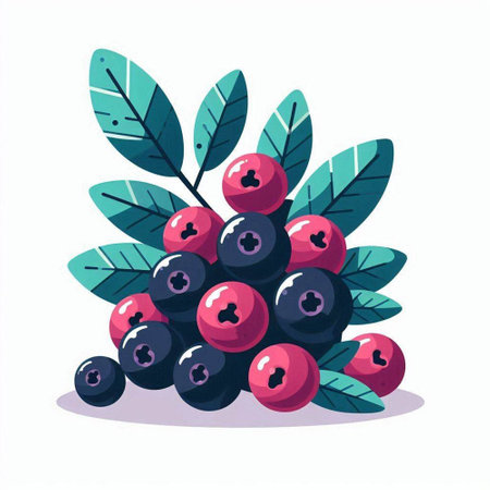 Bunch of ripe blueberries with green leaves. Vector illustration.のイラスト素材