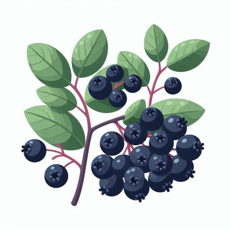 Bunch of ripe blueberries with green leaves. Vector illustration.のイラスト素材