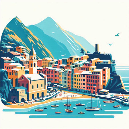 Swiss cityscape with colorful houses and mountains. Vector illustration.のイラスト素材
