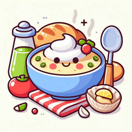 Cute vector illustration of a bowl of soup with a spoon and a fork.のイラスト素材
