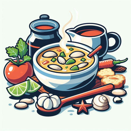 Illustration of a bowl of soup with ingredients. Vector illustration.のイラスト素材