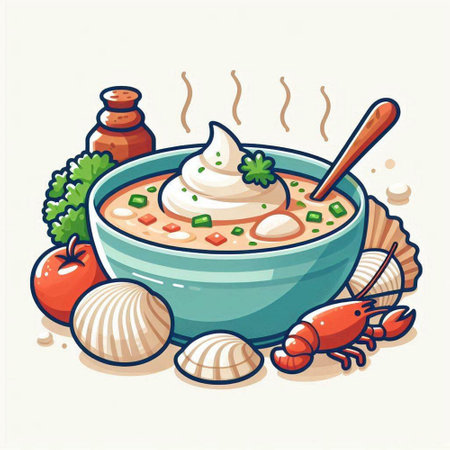 Seafood soup in a bowl on a white background. Vector illustration.のイラスト素材