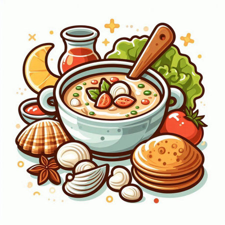 Bowl of soup with shrimps and vegetables. Vector illustrationのイラスト素材