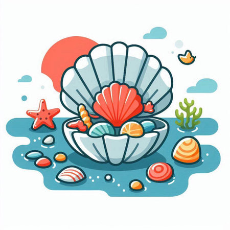 Seashells and starfish on the beach. Vector illustration.のイラスト素材
