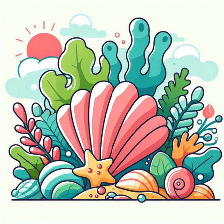 Sea life. Vector illustration. Colorful background with seashells and seaweed.のイラスト素材