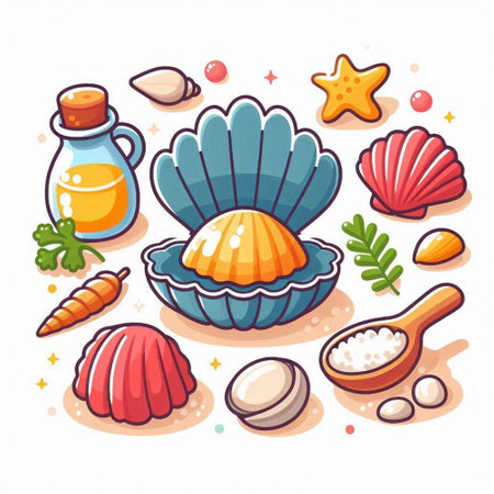 Sea food vector illustration. Sea shell, seashells, sea salt, olive oil, corals.のイラスト素材