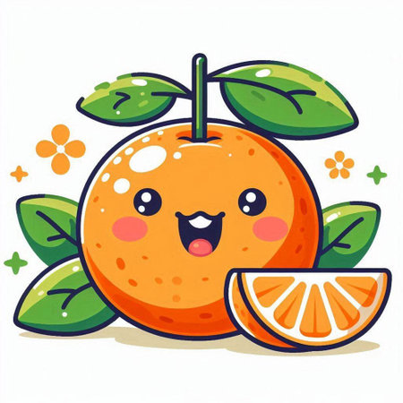Cute cartoon orange character with green leaves and orange slice on white backgroundのイラスト素材