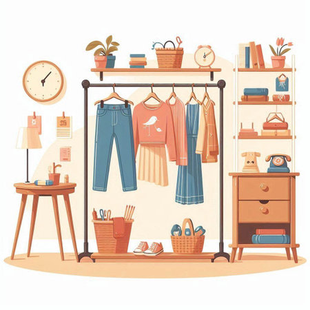 Clothes and accessories in the wardrobe. Vector illustration in cartoon styleのイラスト素材