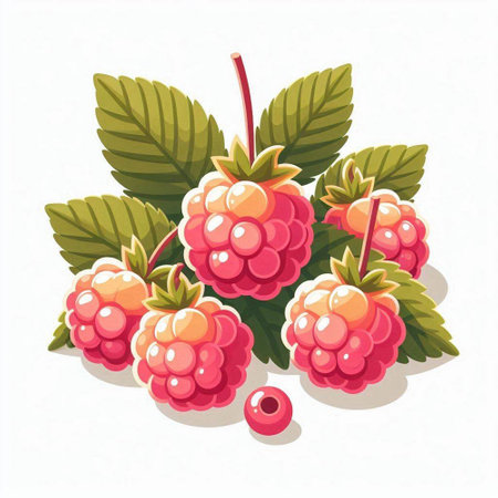 Raspberry vector illustration isolated on white background. Fresh ripe berry with leaves.のイラスト素材