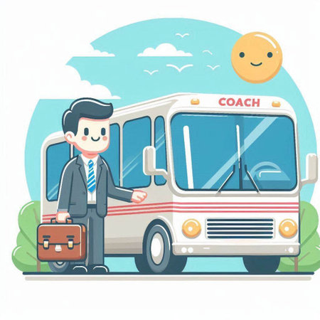 Businessman and bus. Vector illustration in flat style. Business concept.のイラスト素材