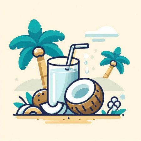 Coconut drink in a glass and palm trees. Vector illustrationのイラスト素材