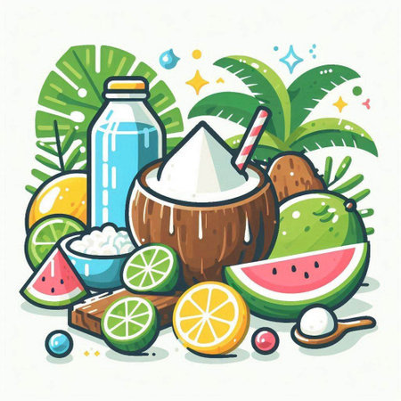 Coconut, watermelon, lemon, lime, milk. Vector illustration.のイラスト素材