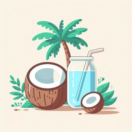 Coconut juice in a glass and a straw. Vector illustrationのイラスト素材