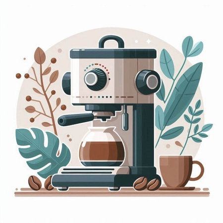 Coffee machine with cup of coffee and leaves. Flat vector illustration.のイラスト素材
