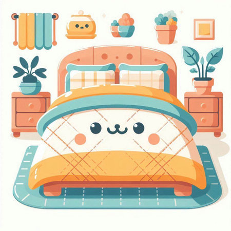 Cute cartoon bed in the bedroom. Vector illustration in a flat style.のイラスト素材