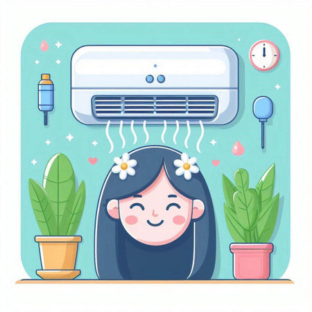 Cute little girl near the air conditioner. Vector illustration.のイラスト素材