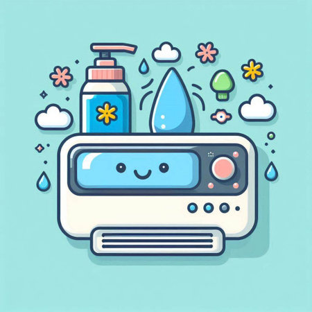 Cute cartoon air conditioner. Vector illustration in flat style.のイラスト素材
