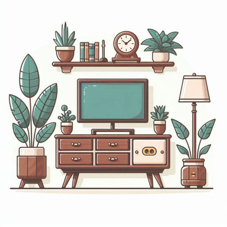 Living room interior with furniture and plants. Flat style vector illustration.のイラスト素材