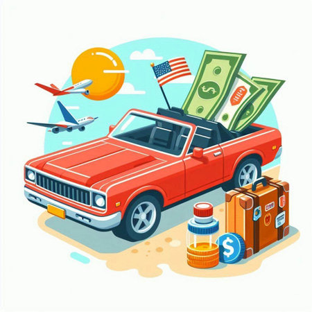 Vacation, travel and tourism concept. Retro car with luggage and money. Vector illustration.のイラスト素材