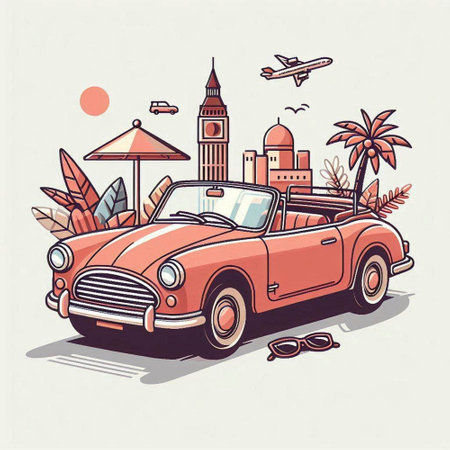 Vintage retro car on the background of the city. Vector illustrationのイラスト素材
