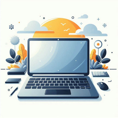 Laptop computer with sun and cloud on the screen. Vector illustration.のイラスト素材