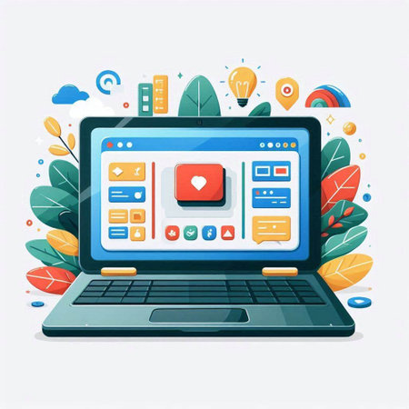 Laptop with social media icons. Vector illustration in flat style.のイラスト素材