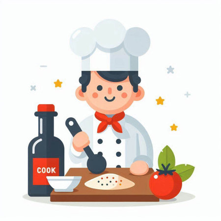 Chef cooking. Vector illustration in flat cartoon style on white background.のイラスト素材