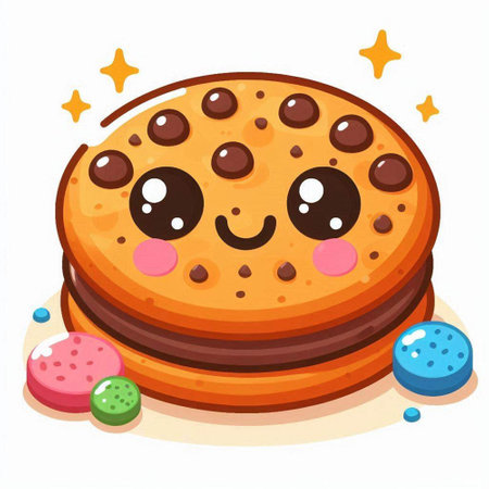 Illustration of a Smiling Chocolate Chip Cookie with Sweets Behindのイラスト素材