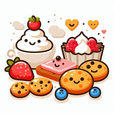 Cute cartoon vector illustration of a cup of coffee, cake, cookies and strawberryのイラスト素材