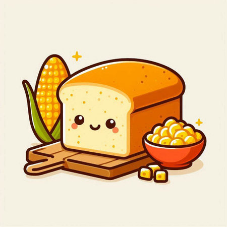 Cute cartoon bread character with corn on the cob. Vector illustration.のイラスト素材