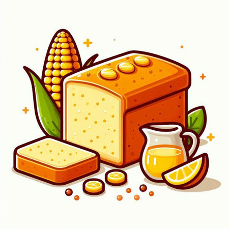Illustration of healthy food. Vector illustration of bread, corn, juice.のイラスト素材
