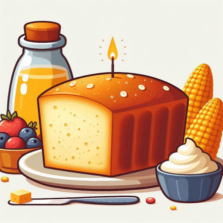 Illustration of a piece of cake with a candle, corn and ice creamのイラスト素材