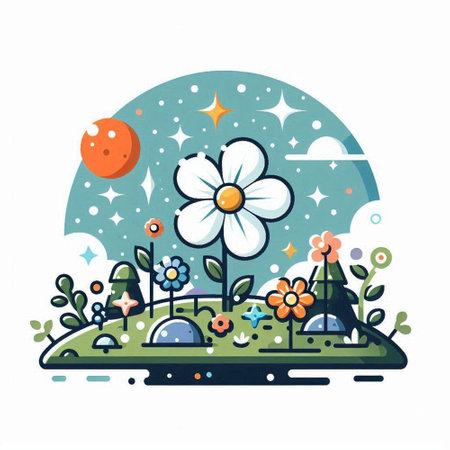 Flower garden with moon and stars. Hand drawn vector illustration.のイラスト素材