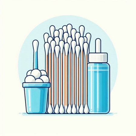 Cotton swabs and cotton swabs in a blue bucket. Vector illustration.のイラスト素材